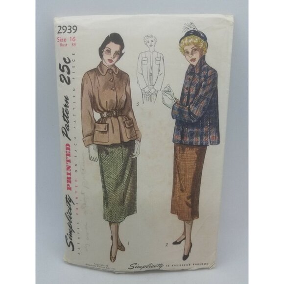 Simplicity 1949 Sewing Pattern #2939 Junior Misses & Misses Two Pc Suit Size 16 - Picture 1 of 3